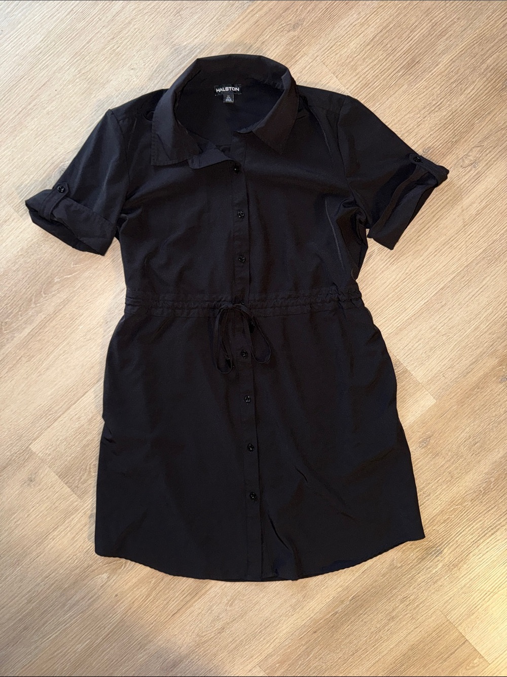 HALSTON HERITAGE Black Collared Short Sleeve Button Down Drawstring Waist Dress
